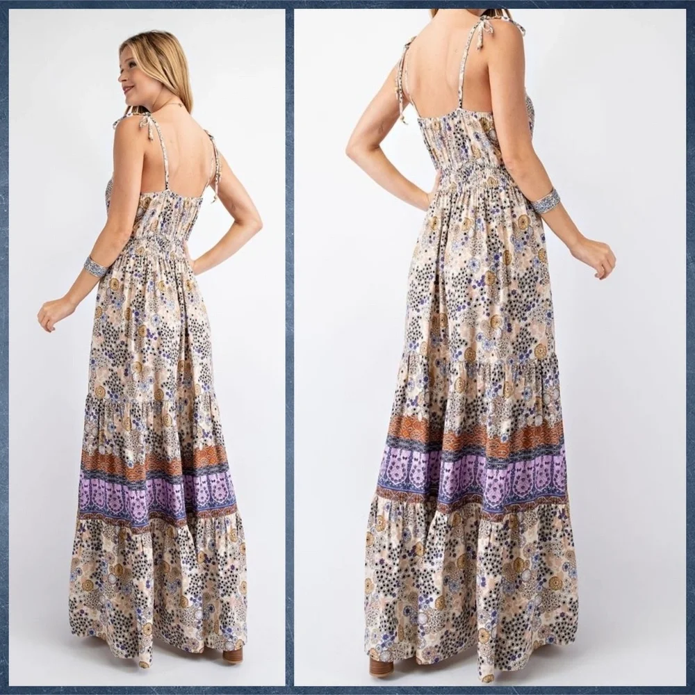 EASEL "Summer Dreams" Sexy Tiered Flowy Maxi Dress Smocked Waist Self-Tie Straps - Picture 2 of 15